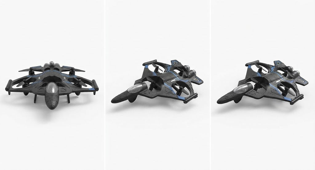 Three views of a futuristic black and gray toy spacecraft or drone with blue accents, shown on a clean white background.