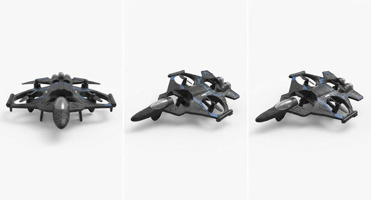 Three views of a futuristic black and gray toy spacecraft or drone with blue accents, shown on a clean white background.