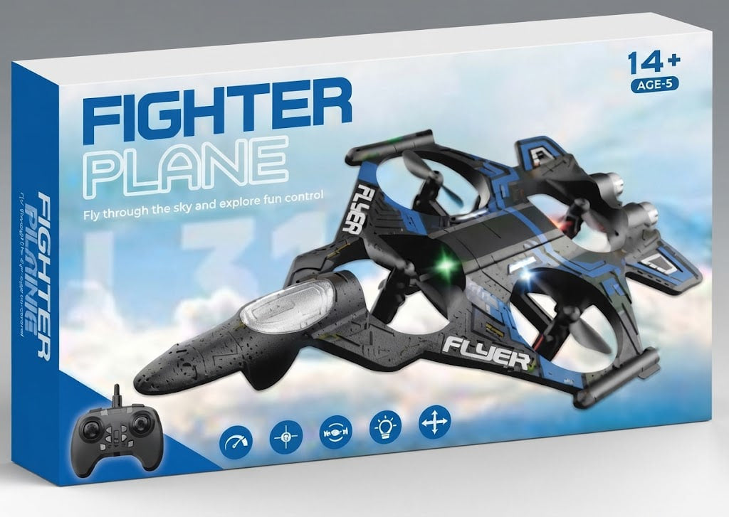 Boxed toy fighter drone set with printed packaging showing a black and blue drone, a remote control, and the text 'FIGHTER PLANE' and '14+ AGE+' on a white and blue retail box.