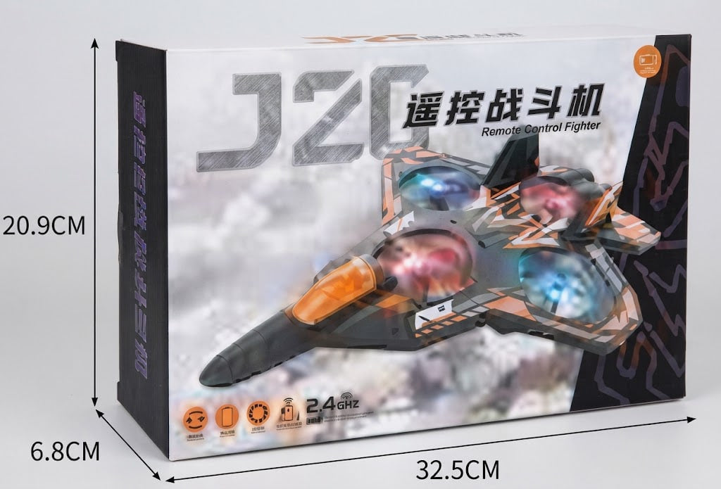 Box packaging for a remote control fighter toy, shown with printed graphics of a jet aircraft and dimension labels indicating 32.5 cm width, 20.