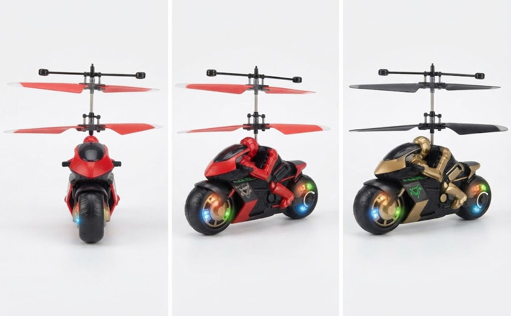 Three toy hoverbikes shown side by side on a light gray background, each with a different color scheme: red, black with multicolor LED wheels, and black with a gold rider figure.