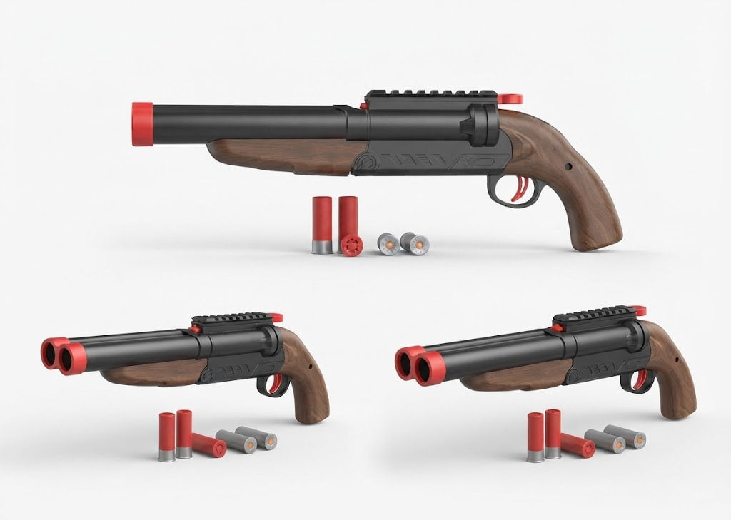 Three views of a toy shotgun with a brown wood-grain textured grip and barrel, black body, and red accents, shown with small toy shotgun shells on a light gray background.