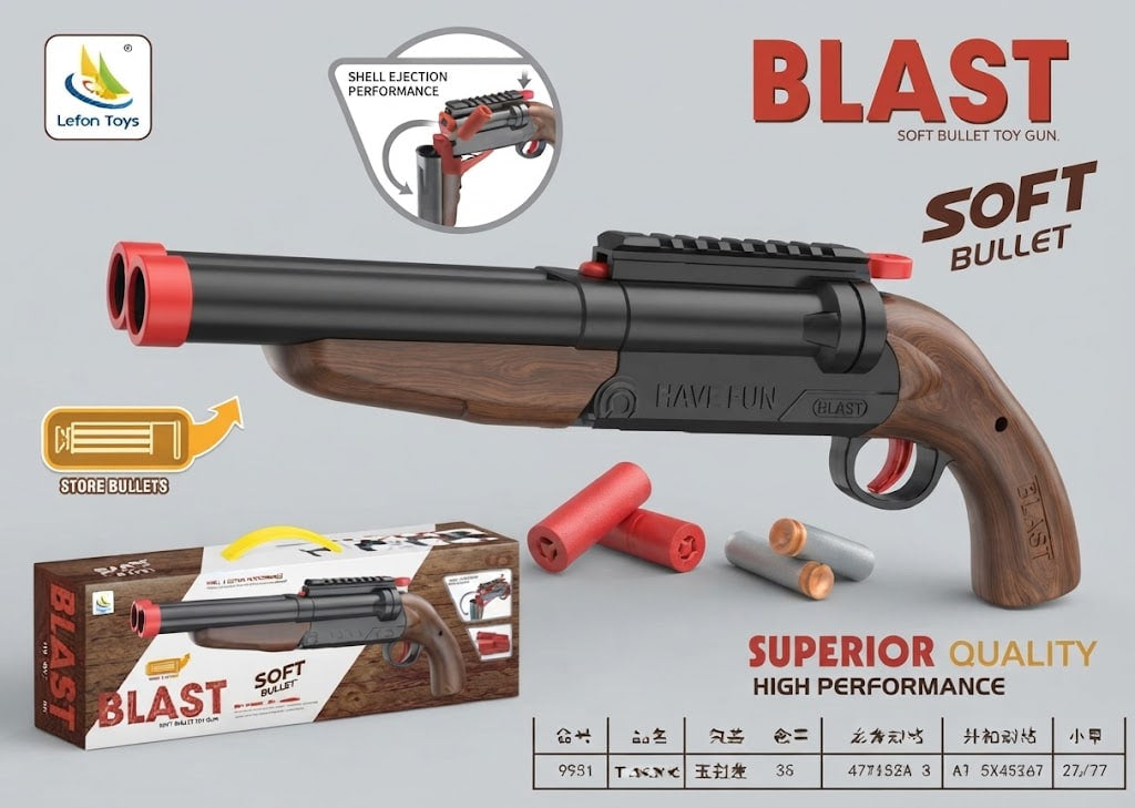 Blast Soft Bullet Toy Gun in black and brown wood-grain style with red accents, shown with its retail box, loose red and gray soft bullets, and feature callout graphics on a light gray background.