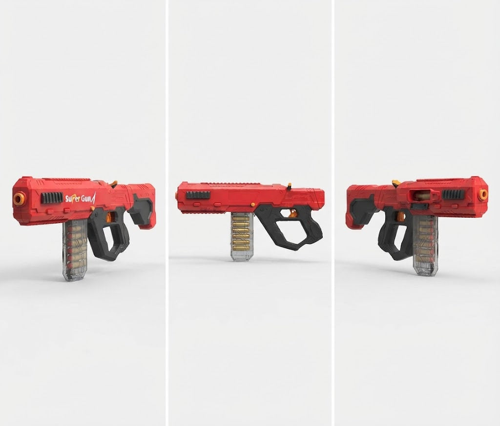 Three views of a red and black toy blaster with a transparent magazine, shown on a clean white background.