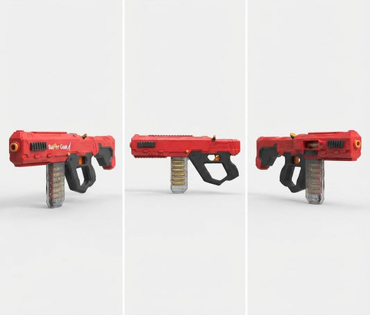 Three views of a red and black toy blaster with a transparent magazine, shown on a clean white background.