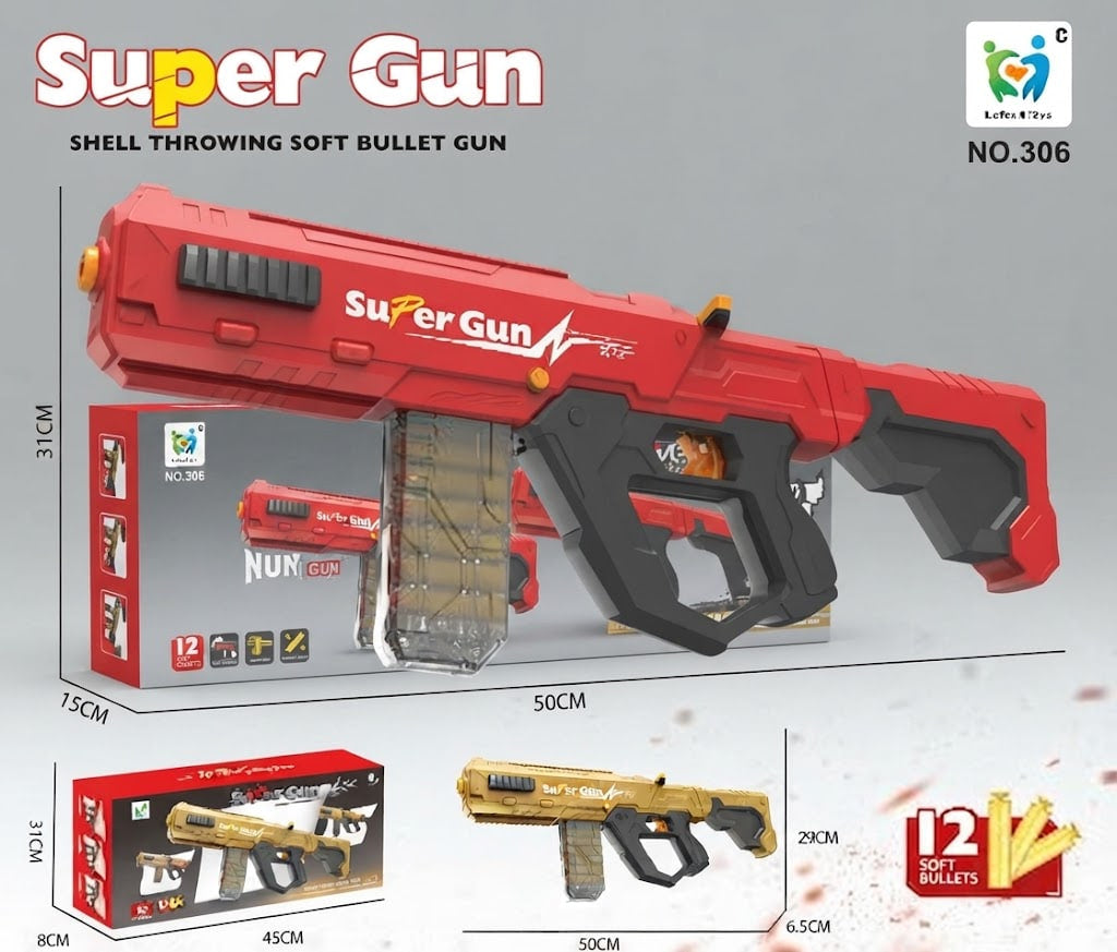 Red and black toy soft bullet gun labeled 'Super Gun' with dimensions, shown alongside its retail box and a smaller alternate view of the toy. The image includes text reading 'Shell Throwing Soft Bullet Gun,' 'NO.