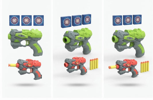 Three views of a toy blaster set on a light gray background, showing a green and gray pistol-style blaster, a red and orange dart blaster, blue target cards, and yellow foam darts.