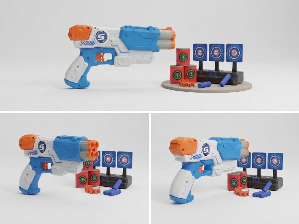 A toy blaster and target set shown in three views on a light gray studio background. The blaster is white, blue, and orange, with a circular logo on the side.
