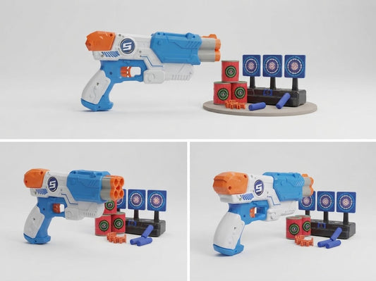 A toy blaster and target set shown in three views on a light gray studio background. The blaster is white, blue, and orange, with a circular logo on the side.