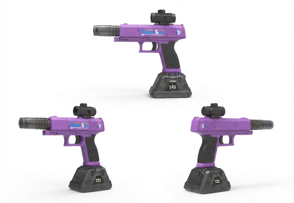 Three views of a purple and black toy blaster pistol on a white background, each shown from a different angle on a black stand.