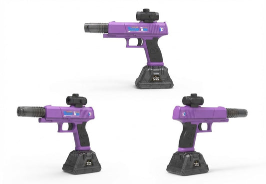 Three views of a purple and black toy blaster pistol on a white background, each shown from a different angle on a black stand.