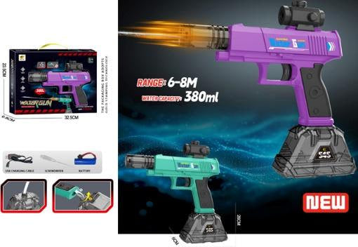 Two toy blaster guns shown in a composite product listing: a purple and black version on the right with a glowing muzzle effect and text reading range 6-8M and 380ml, and a teal and black version on the left. The packaging, cables, and small accessory insets appear on the left side against a white background, while the larger guns are set against a dark blue graphic backdrop.