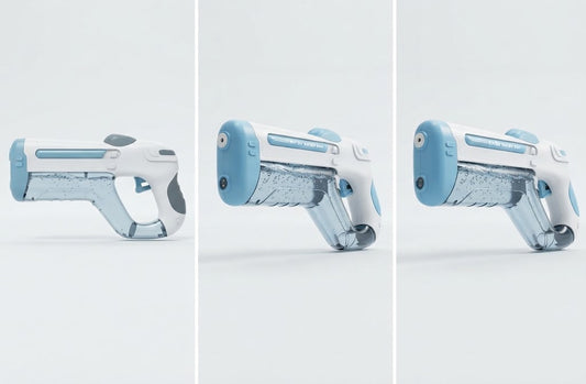 Three views of a futuristic toy blaster or pistol-shaped device in white and light blue, shown on a clean light gray background.