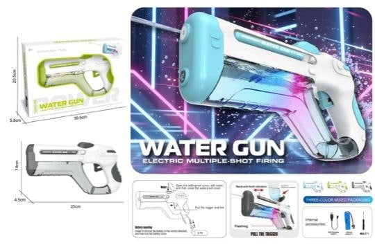 A collage-style product listing for a toy water gun. The main panel shows a futuristic white and light blue water gun with neon graphic effects and the text 'WATER GUN ELECTRIC MULTIPLE-SHOT FIRING.