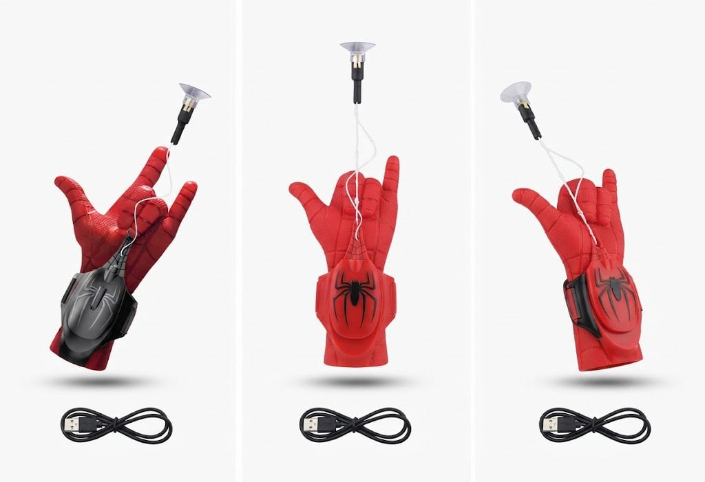 Three views of a red Spider-Man-themed glove with a black wrist-mounted device, shown on a light gray background with a black charging cable below each view.
