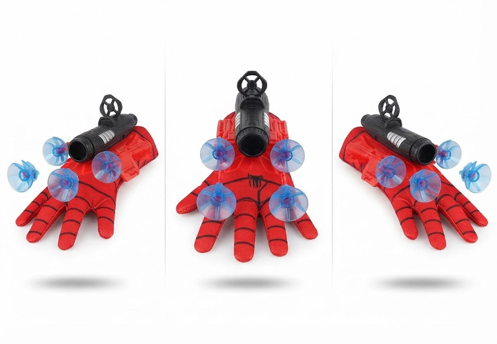 Three views of a red and black Spider-Man-style glove with suction cups and a black cylindrical handle, shown on a white background.