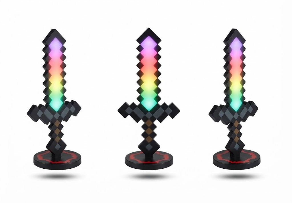 Three identical black pixel-art sword figurines with glowing rainbow-colored blades, displayed side by side on a white background with soft shadows.