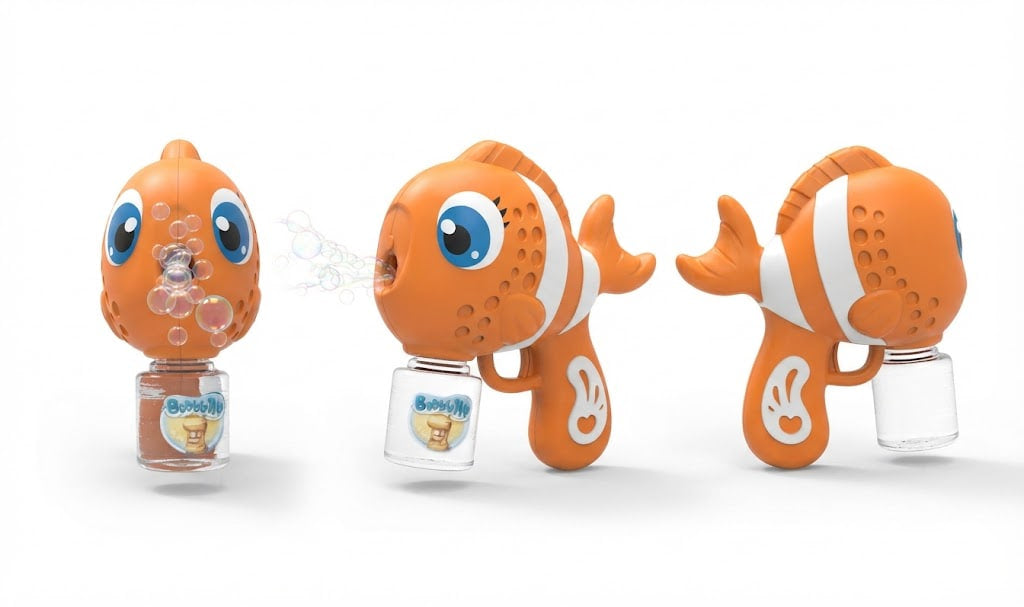 Three views of an orange clownfish-shaped bubble gun toy on a white background, showing the front blowing bubbles, the side profile, and the back profile.