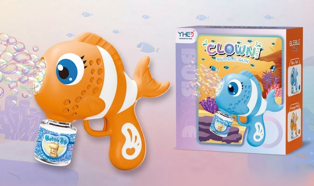 An underwater-themed clown bubble gun toy shown next to its retail packaging box. The bubble gun is orange and white with a large blue eye, holding a bubble canister.