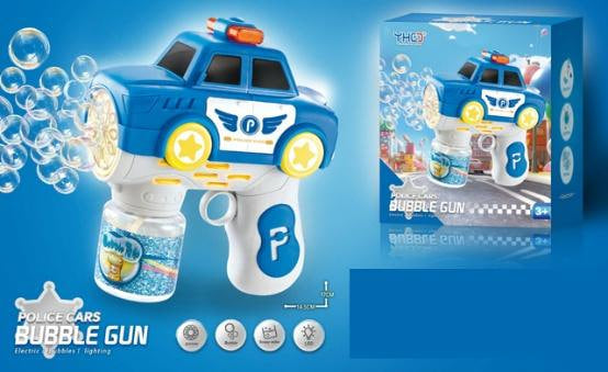 Blue and white police car bubble gun toy shown with bubbles, alongside its retail box on a bright blue background.