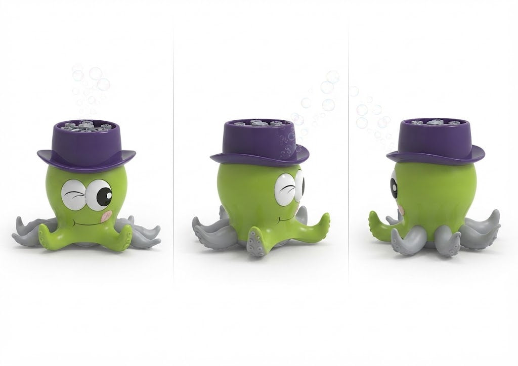 Three views of a green octopus-shaped toy or container with a purple hat, shown on a clean white background.