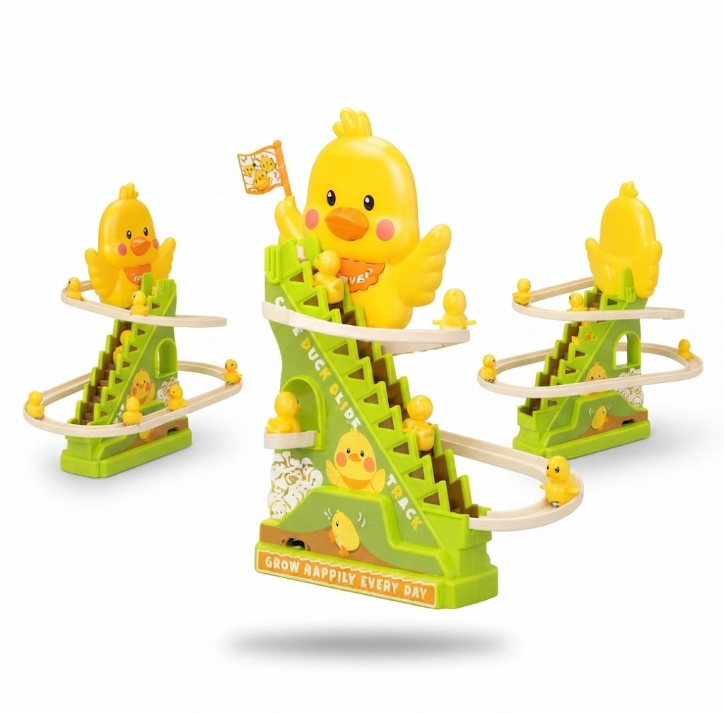 A colorful children's toy set featuring yellow rubber ducks and green tracks, including a central slide tower with a duck on top, two side towers, and curved rails, shown on a white background.