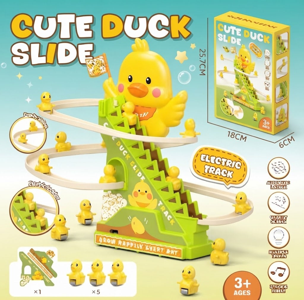 Cute Duck Slide toy set with a yellow duck launching down a green slide on a white spiral track, shown with its box, feature icons, and age badge on a light blue background.