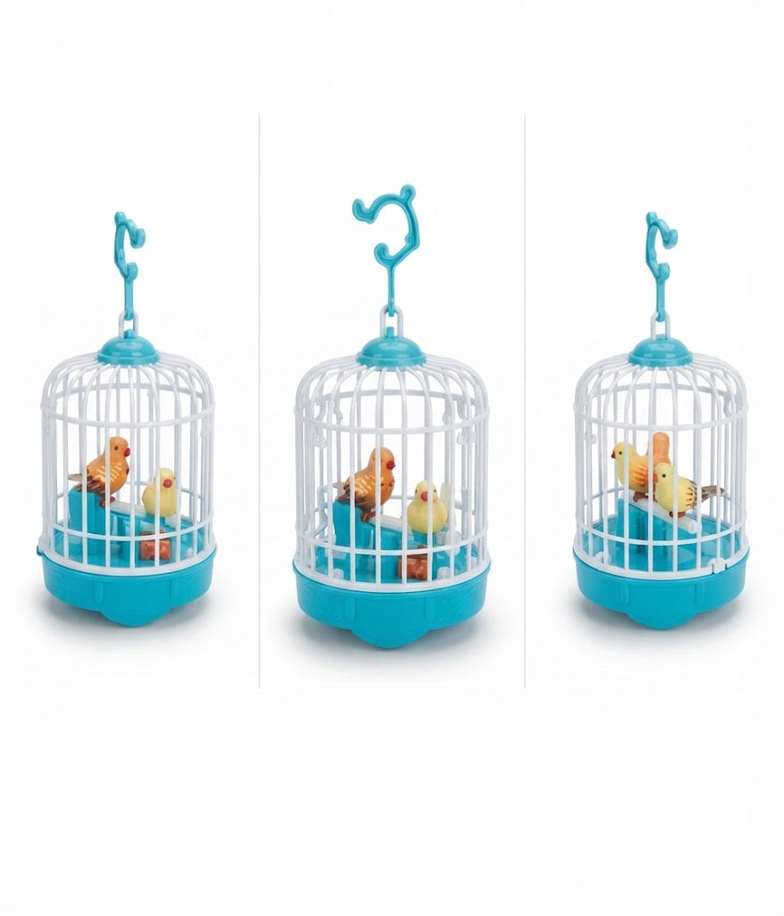 Three small hanging bird cages shown side by side on a white background. Each cage has a turquoise blue base, top, and hook, with white wire sides and small toy birds inside.