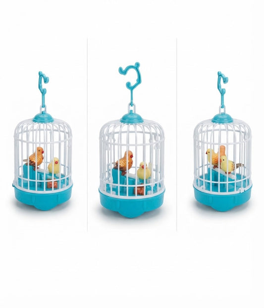 Three small hanging bird cages shown side by side on a white background. Each cage has a turquoise blue base, top, and hook, with white wire sides and small toy birds inside.