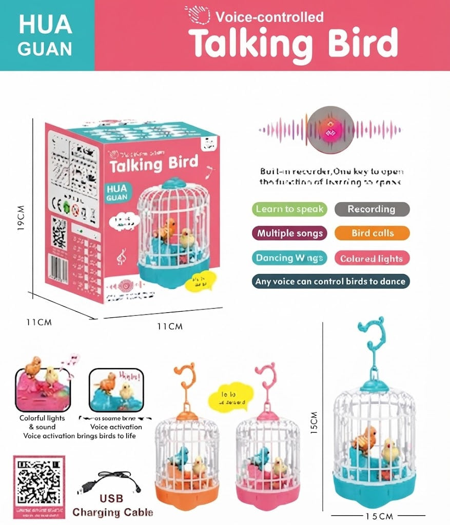 Product information graphic for the HUA GUAN Voice-controlled Talking Bird toy, showing the retail box, dimensions, feature callouts, charging cable, and three small bird-cage toy views on a white background with pink and teal header graphics.