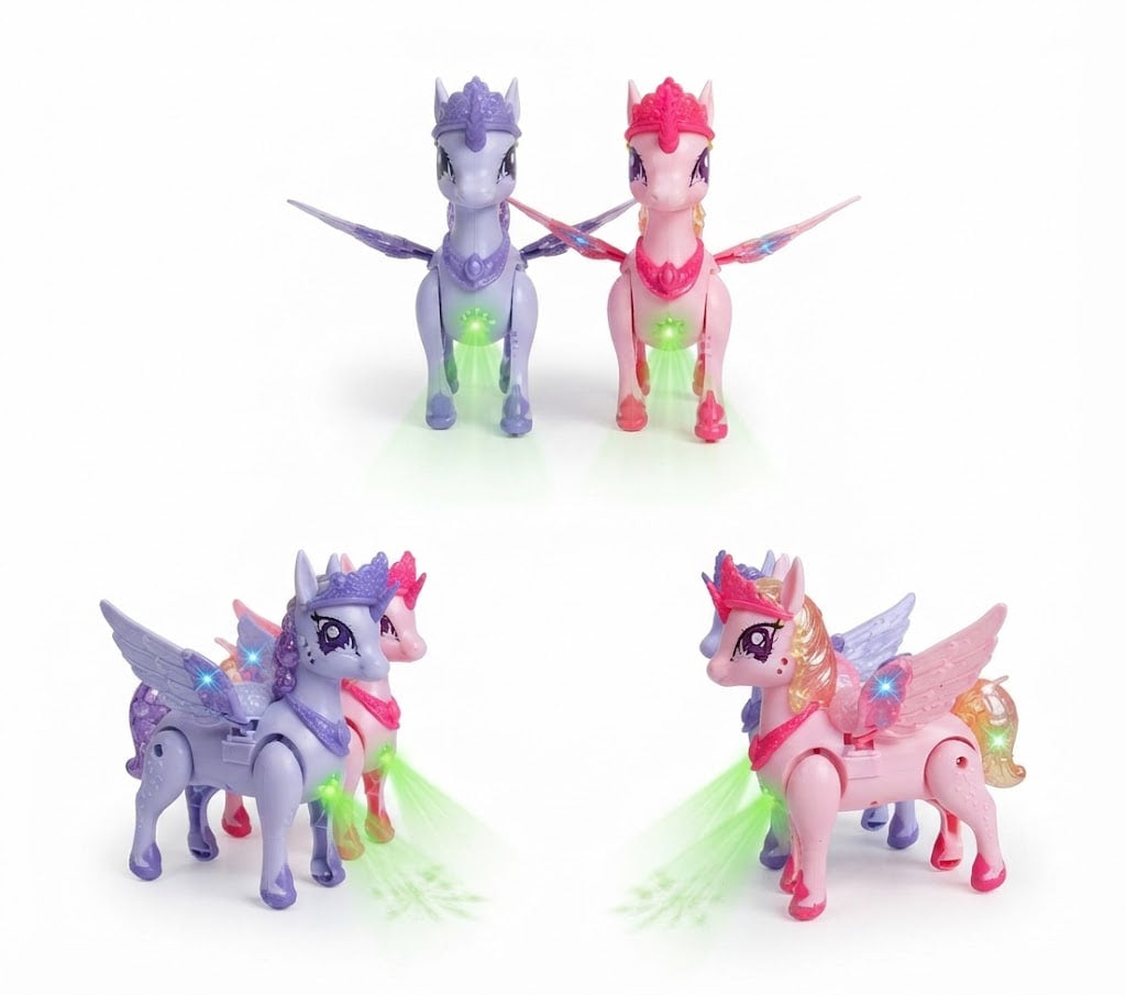 Three toy winged pony figures shown on a white background: two standing upright in the top row and two with wings spread in the bottom row. The ponies are lavender and pink with glowing multicolor lights and decorative crowns.