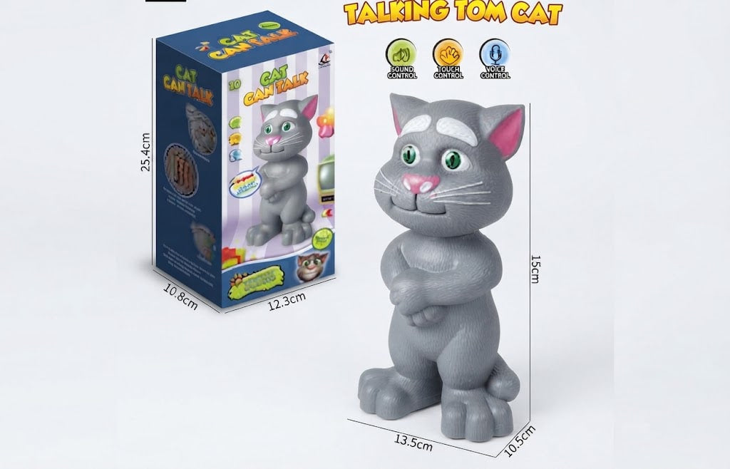 Talking Tom Cat toy figurine shown next to its retail box on a light gray background, with printed dimensions and feature icons. The product is a gray cartoon cat with pink ears, green eyes, and a pink nose.