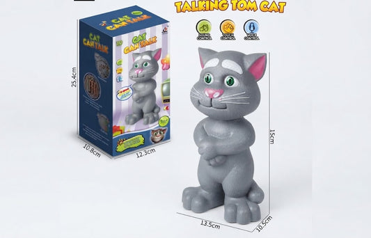 Talking Tom Cat toy figurine shown next to its retail box on a light gray background, with printed dimensions and feature icons. The product is a gray cartoon cat with pink ears, green eyes, and a pink nose.