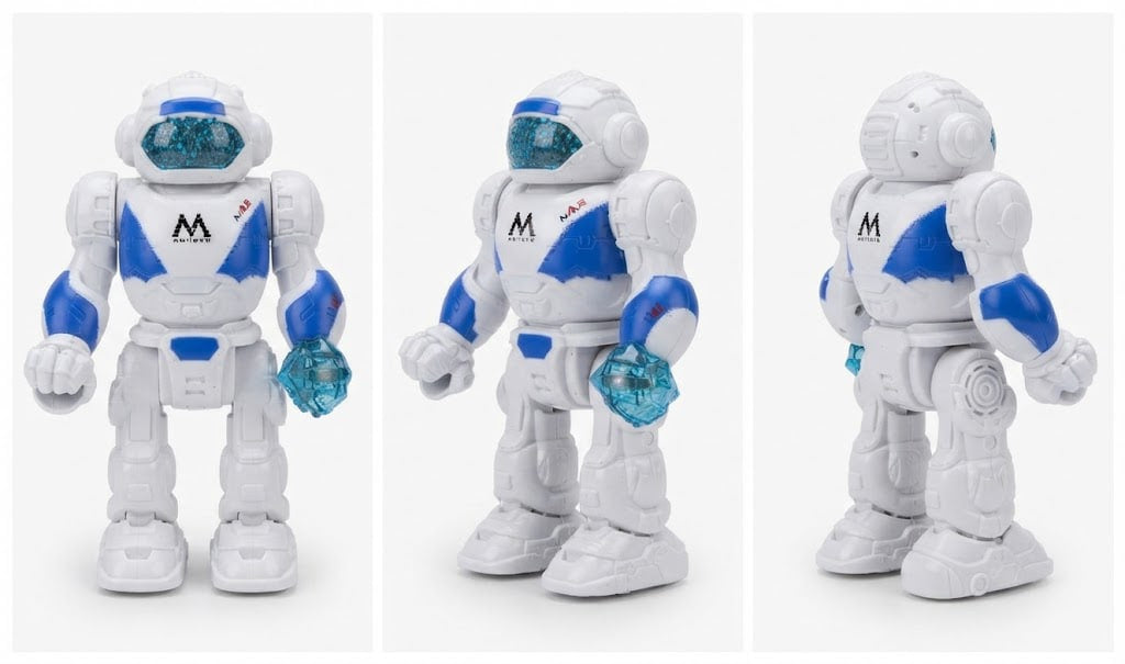 A small white and blue humanoid robot toy shown from three angles on a light gray background. The robot has a white body with bright blue panels, translucent blue hands, and a black 'M' logo on the chest.