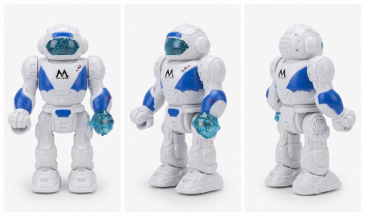 A small white and blue humanoid robot toy shown from three angles on a light gray background. The robot has a white body with bright blue panels, translucent blue hands, and a black 'M' logo on the chest.