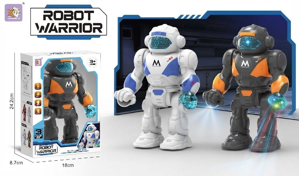 Two Robot Warrior toy figures shown with their retail box on a clean white background. The set includes a white and blue figure and a black and orange figure, both with glowing blue visors and small glowing accessories.