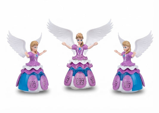 Three toy angel figurines with white wings, blonde hair, purple and pink dresses, and blue bases, shown on a plain white background.