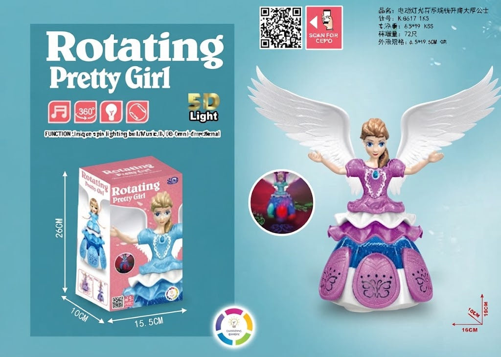 A toy figurine labeled 'Rotating Pretty Girl' with large white angel wings, a purple and pink dress, and a colorful base, shown alongside its retail box and feature icons on a light blue background.