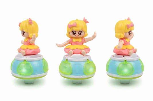Three views of a small plastic toy figurine of a girl with yellow hair and pink bows, wearing a pink and yellow dress, sitting on a light blue and green drum base against a white background.
