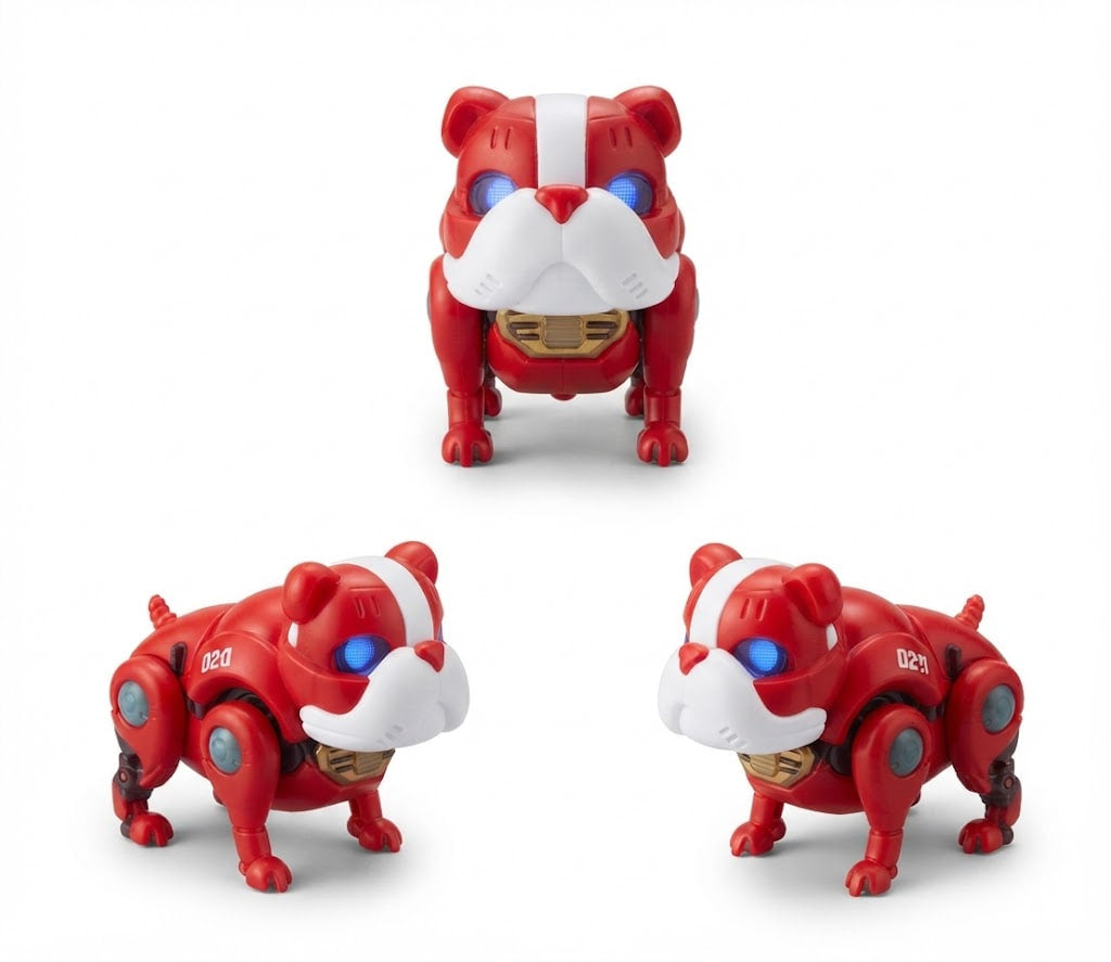 Three red and white robotic bulldog toys with glowing blue eyes and gold chest details, shown on a clean white background. Robot Toy / Battery Operated Toy