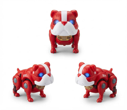 Three red and white robotic bulldog toys with glowing blue eyes and gold chest details, shown on a clean white background. Robot Toy / Battery Operated Toy