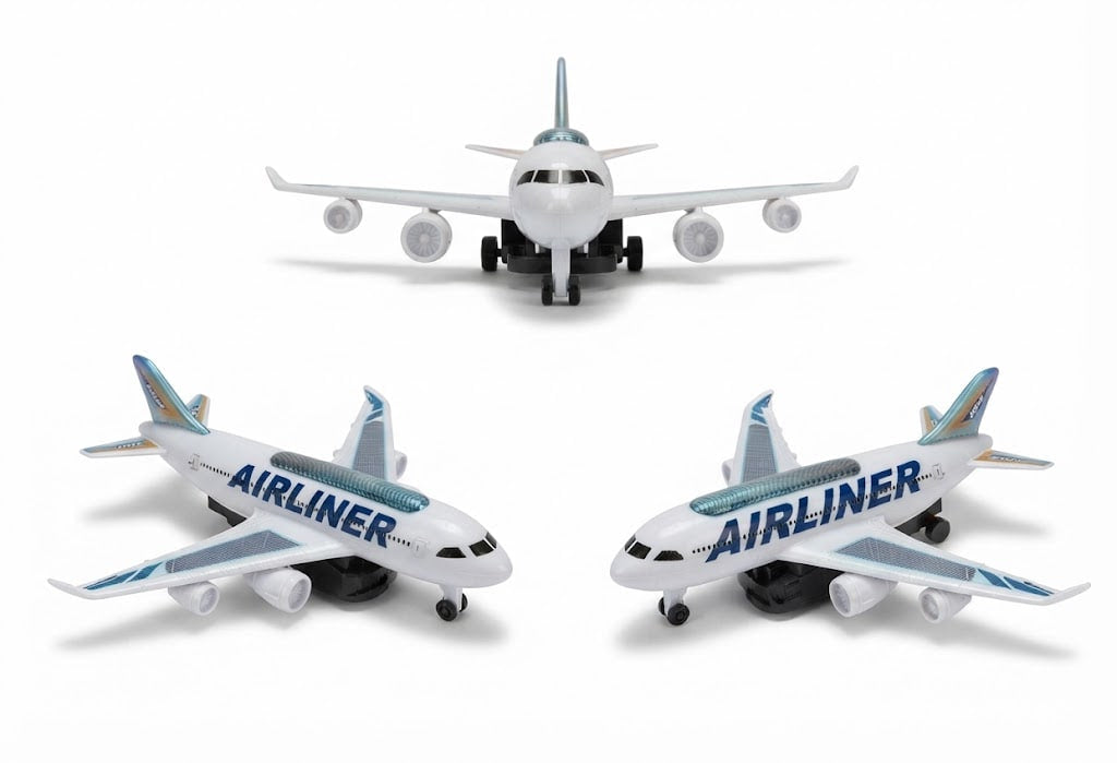 Three toy model airplanes on a white background, with one shown from the front above and two shown from the front and side angles below. The planes are white with blue and gray livery and the word 'AIRLINER' printed on the fuselage.