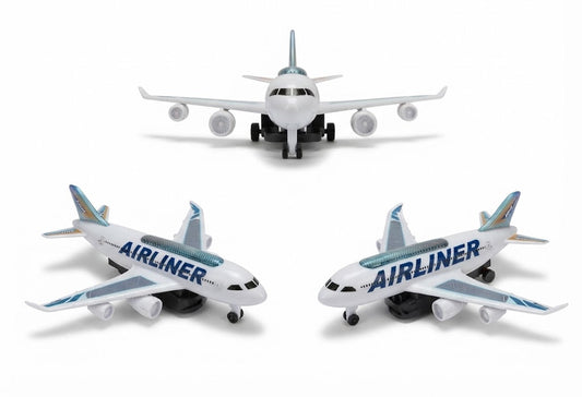 Three toy model airplanes on a white background, with one shown from the front above and two shown from the front and side angles below. The planes are white with blue and gray livery and the word 'AIRLINER' printed on the fuselage.