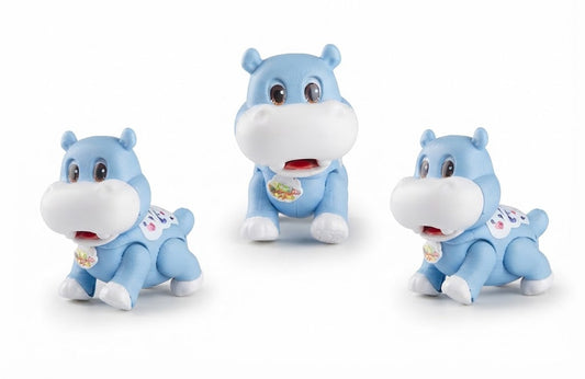 Three small blue hippo toy figures with white faces and paws, shown on a clean white background. Two are sitting and one is standing in the center.
