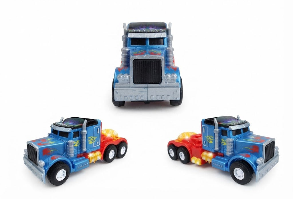 Three views of a toy semi-truck on a plain white background, showing the front, side, and rear angles. transforming toys pakistan, buy robot cars lahore, interactive vehicle toys for kids, battery powered action toys online