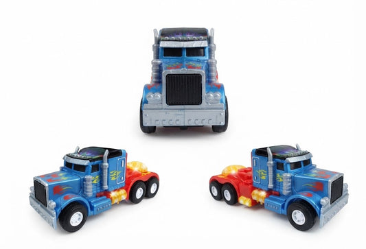 Three views of a toy semi-truck on a plain white background, showing the front, side, and rear angles. transforming toys pakistan, buy robot cars lahore, interactive vehicle toys for kids, battery powered action toys online