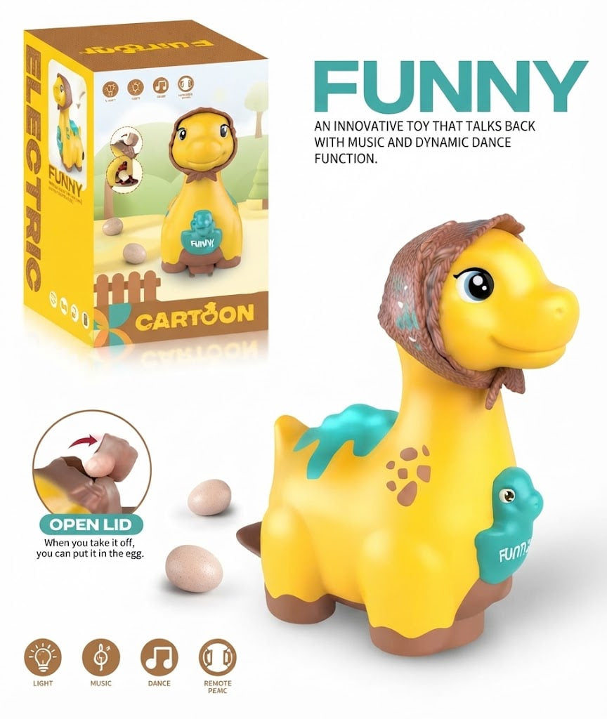 A yellow cartoon dinosaur toy with a brown hat and teal accents, shown next to its retail box on a white background. The image includes descriptive text and feature icons explaining the toy's music-and-dance function and egg-opening feature.