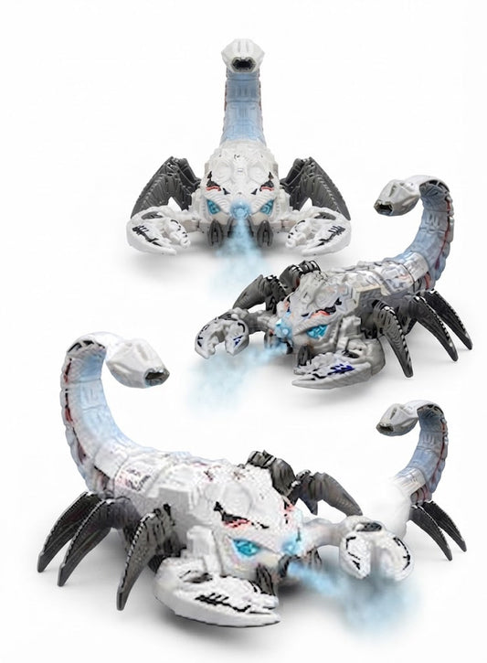 Three views of a white and gray robotic scorpion toy with glowing blue eyes and mouth, shown on a plain white background.