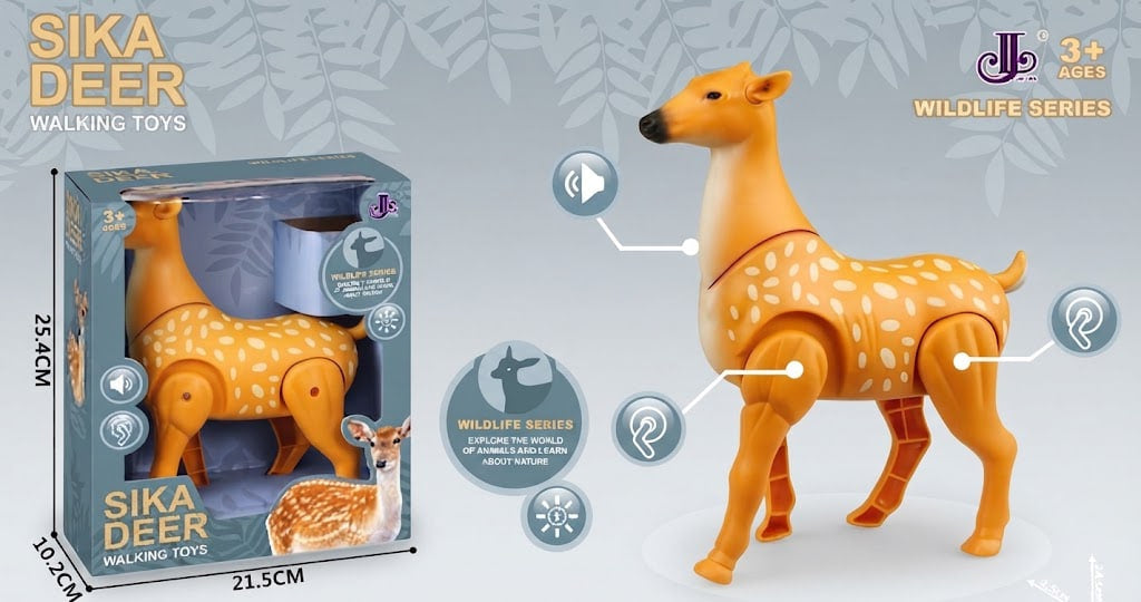 A toy walking deer shown next to its retail box on a light gray background with decorative leaf graphics. The deer is orange with white spots and has callout lines indicating interactive features like sound, music, and question-answer functionality.
