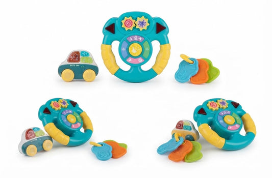 A set of colorful baby sensory toys on a white background, including two teal steering wheel activity toys with yellow handles, a small car toy, and matching rainbow-shaped sensory pieces.
